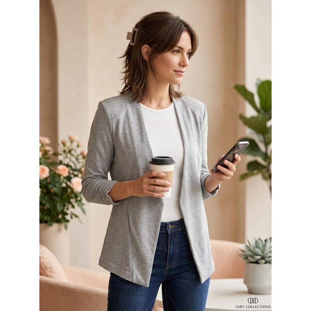 Ruched Sleeve Open Front Tart Collections Gray Knit Blazer Size M Medium